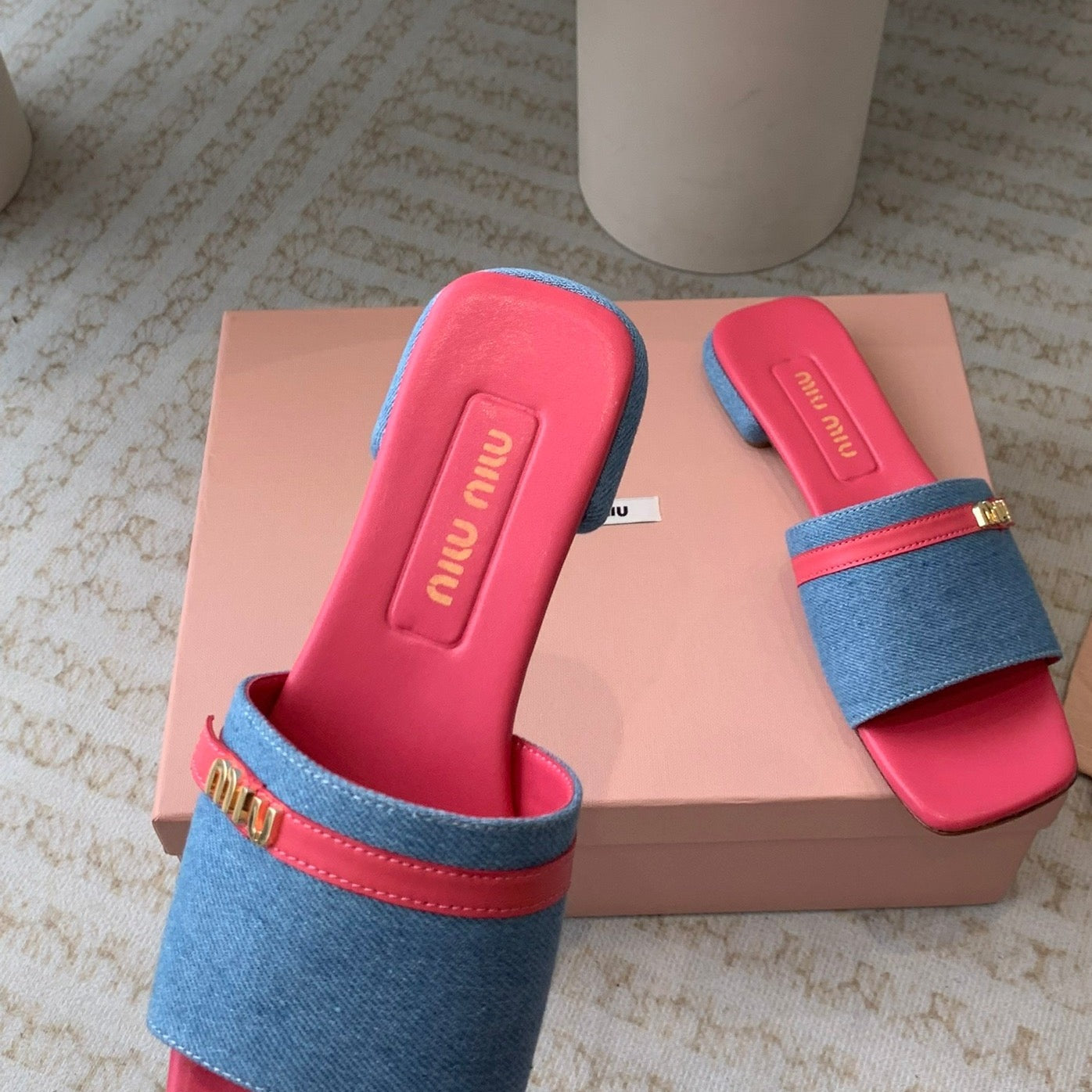Women's Deep Pink Denim Slippers With Azure Blue Straps And Belt - 35