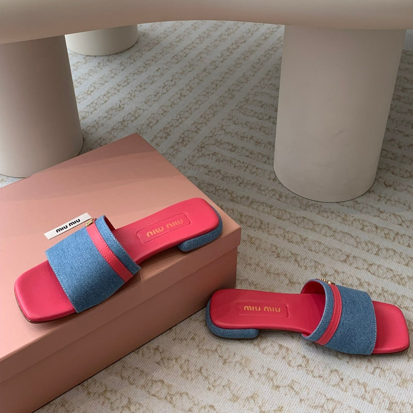 Women's Deep Pink Denim Slippers With Azure Blue Straps And Belt - 35