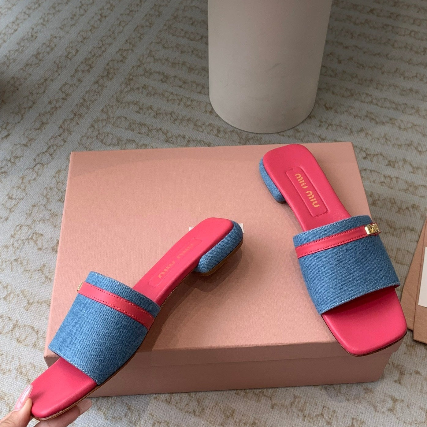 Women's Deep Pink Denim Slippers With Azure Blue Straps And Belt - 35