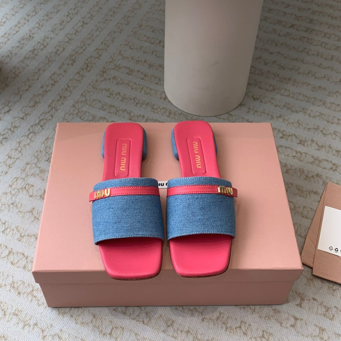 Women's Deep Pink Denim Slippers With Azure Blue Straps And Belt - 35