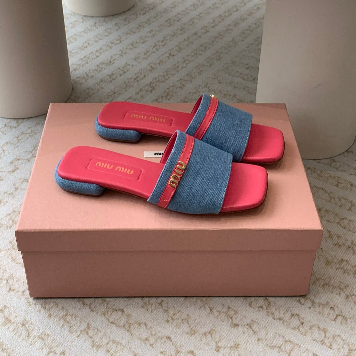Women's Deep Pink Denim Slippers With Azure Blue Straps And Belt - 35