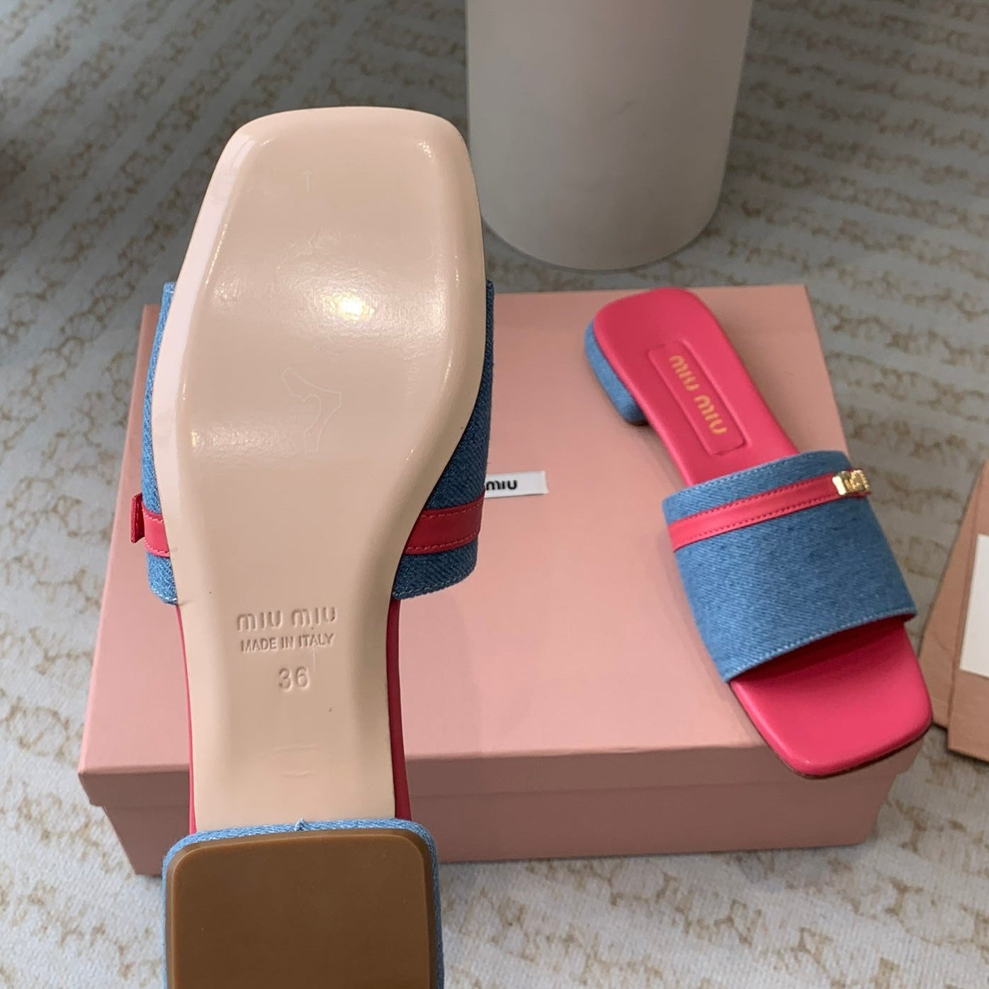 Women's Deep Pink Denim Slippers With Azure Blue Straps And Belt - 35
