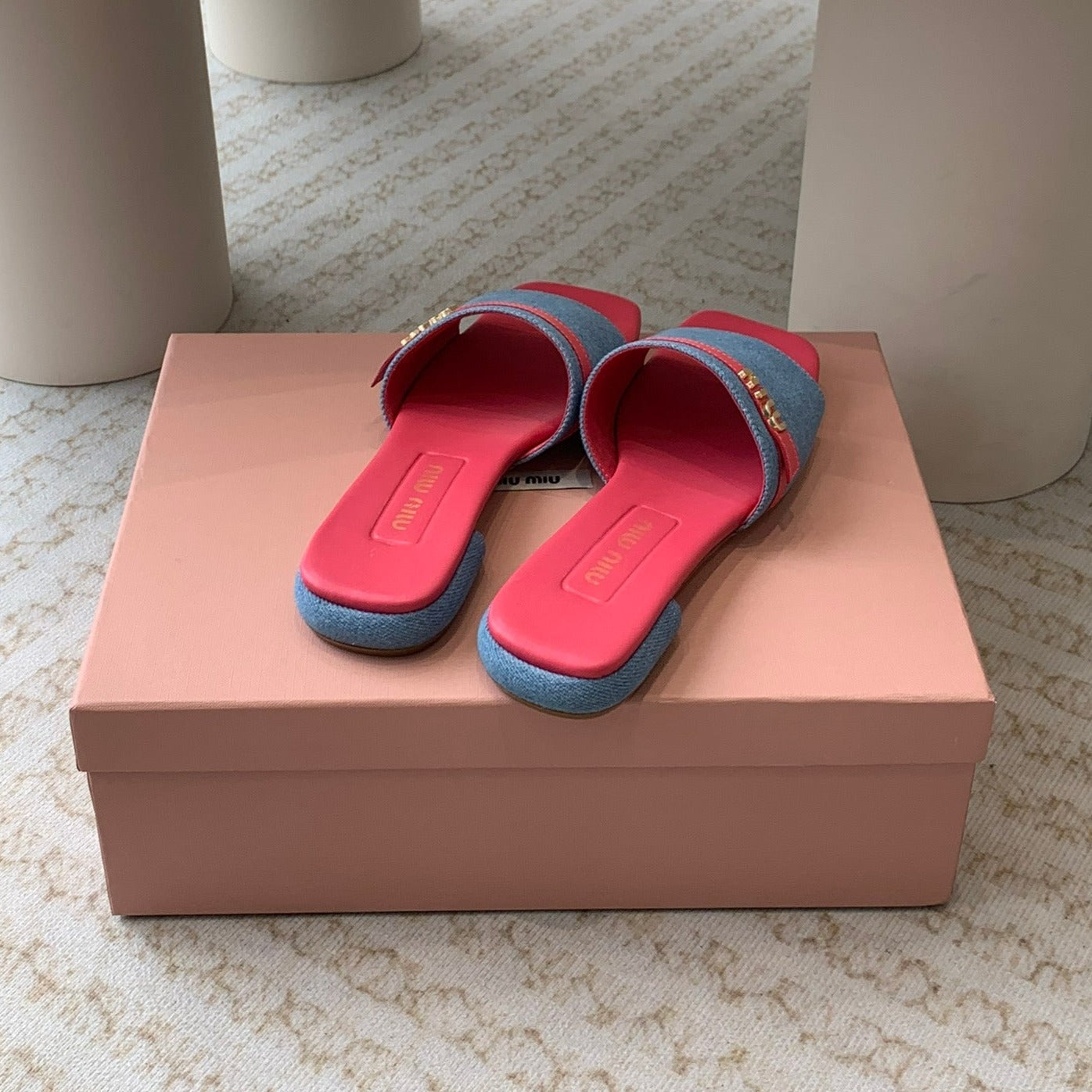 Women's Deep Pink Denim Slippers With Azure Blue Straps And Belt - 35