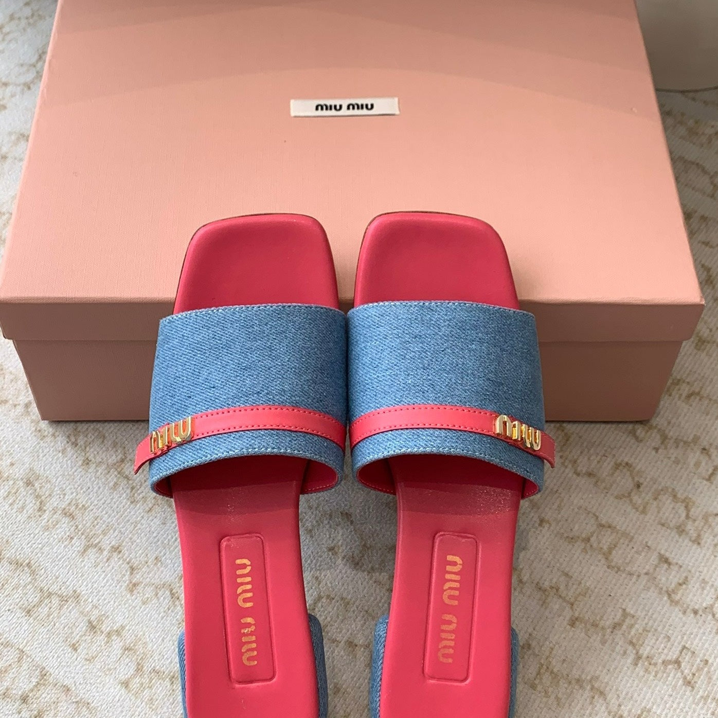 Women's Deep Pink Denim Slippers With Azure Blue Straps And Belt - 35