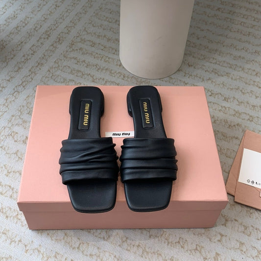 Women's Black Denim Slippers With Stylized Straps - 35