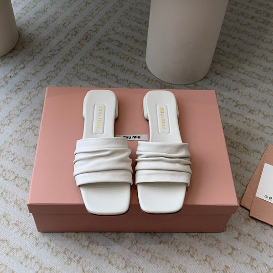 Women's White Denim Slippers With Stylized Straps - 35