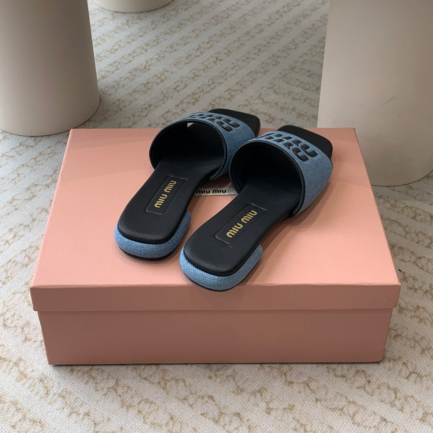 Women's Black Denim Slippers With Azure Blue Straps - 35