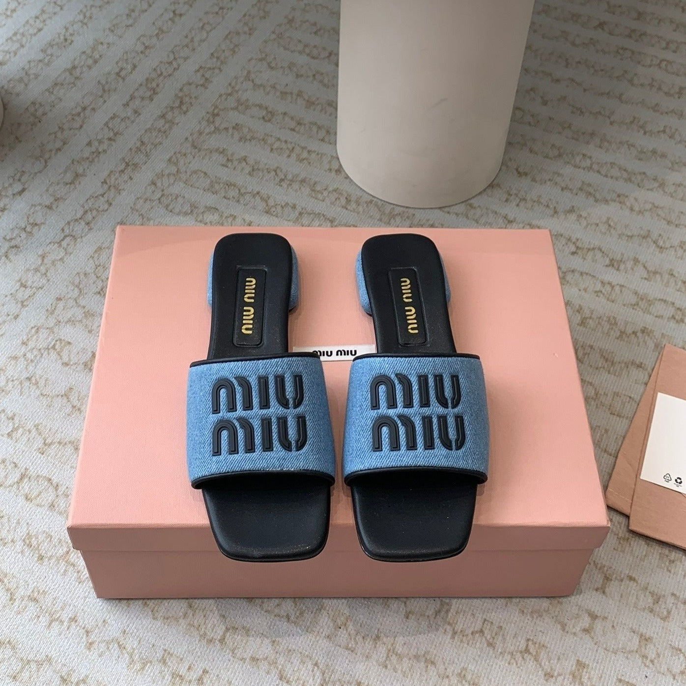 Women's Black Denim Slippers With Azure Blue Straps - 35