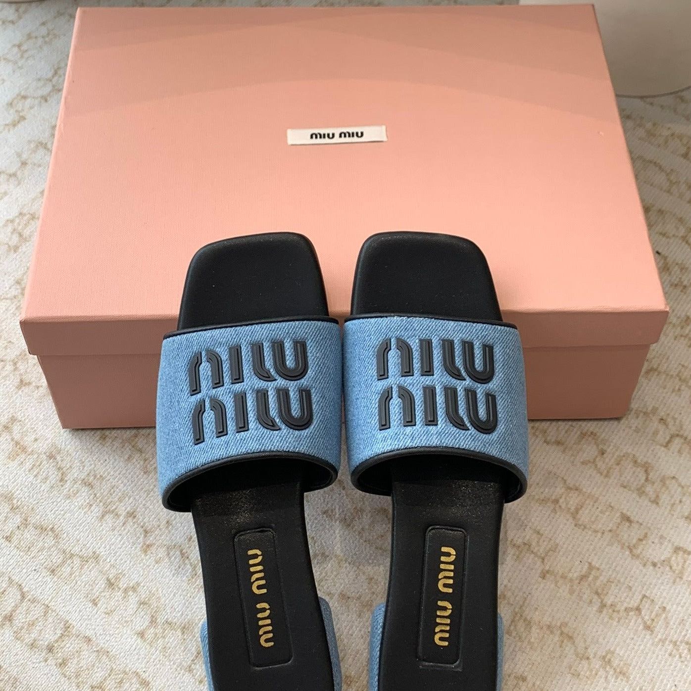 Women's Black Denim Slippers With Azure Blue Straps - 35