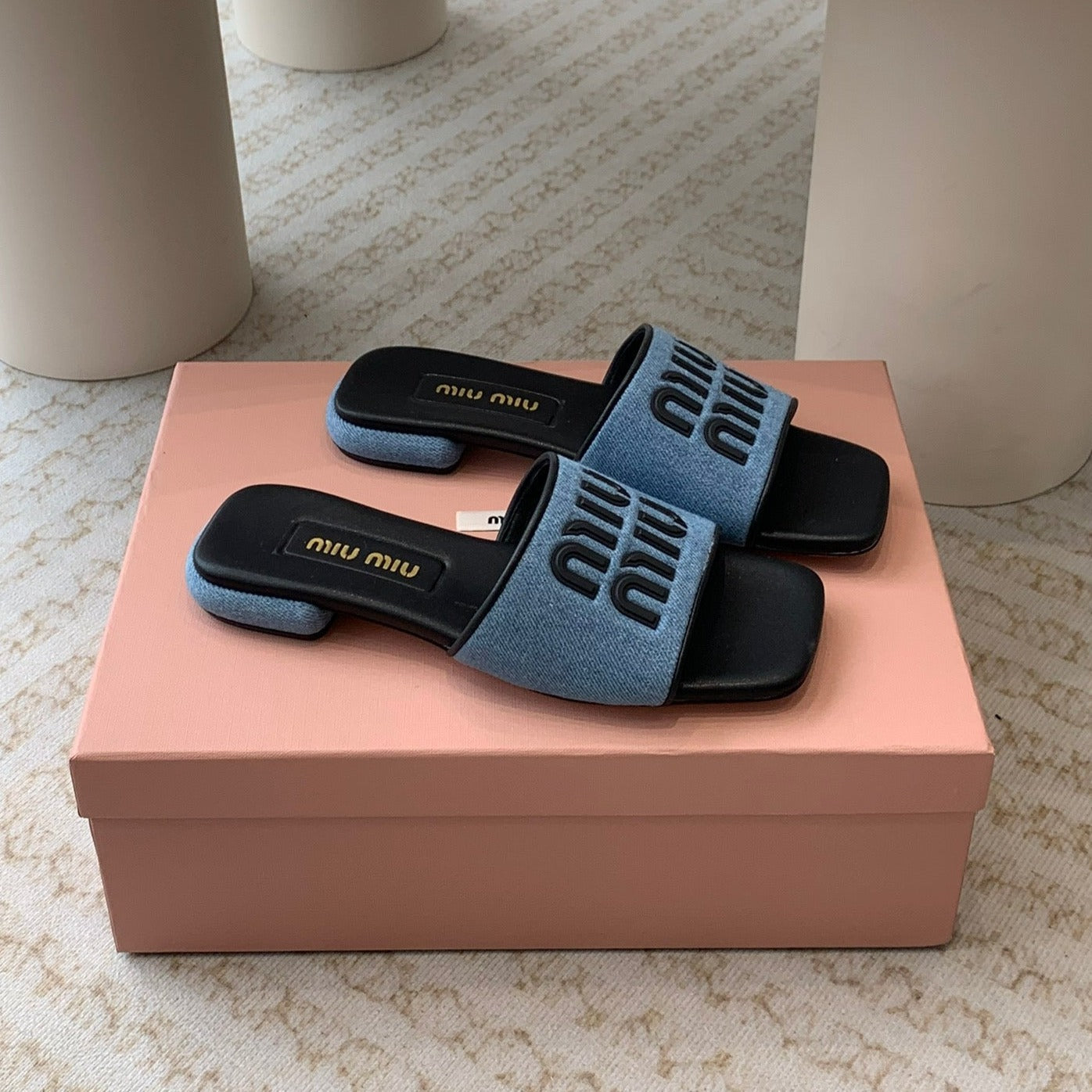 Women's Black Denim Slippers With Azure Blue Straps - 35