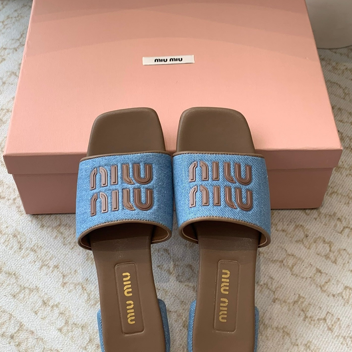 Women's Caramel Denim Slippers With Azure Blue Straps - 35