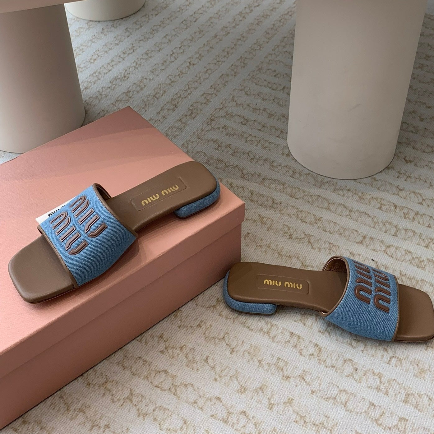 Women's Caramel Denim Slippers With Azure Blue Straps - 35