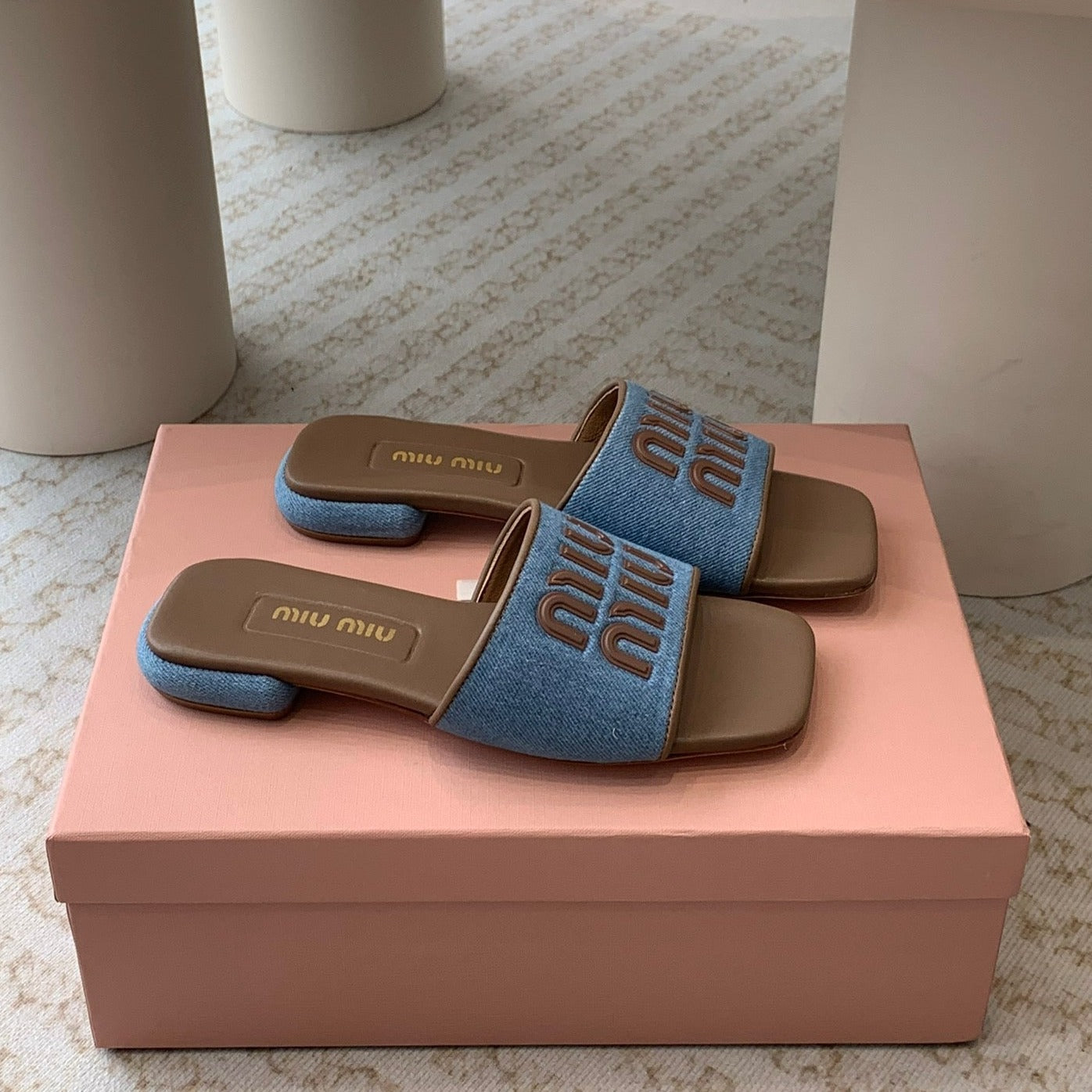 Women's Caramel Denim Slippers With Azure Blue Straps - 35