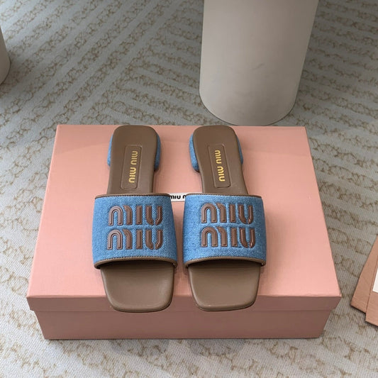 Women's Caramel Denim Slippers With Azure Blue Straps - 35