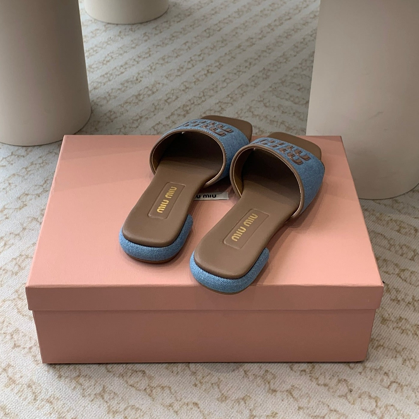 Women's Caramel Denim Slippers With Azure Blue Straps - 35