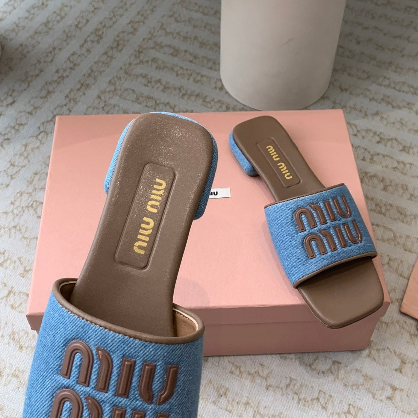 Women's Caramel Denim Slippers With Azure Blue Straps - 35