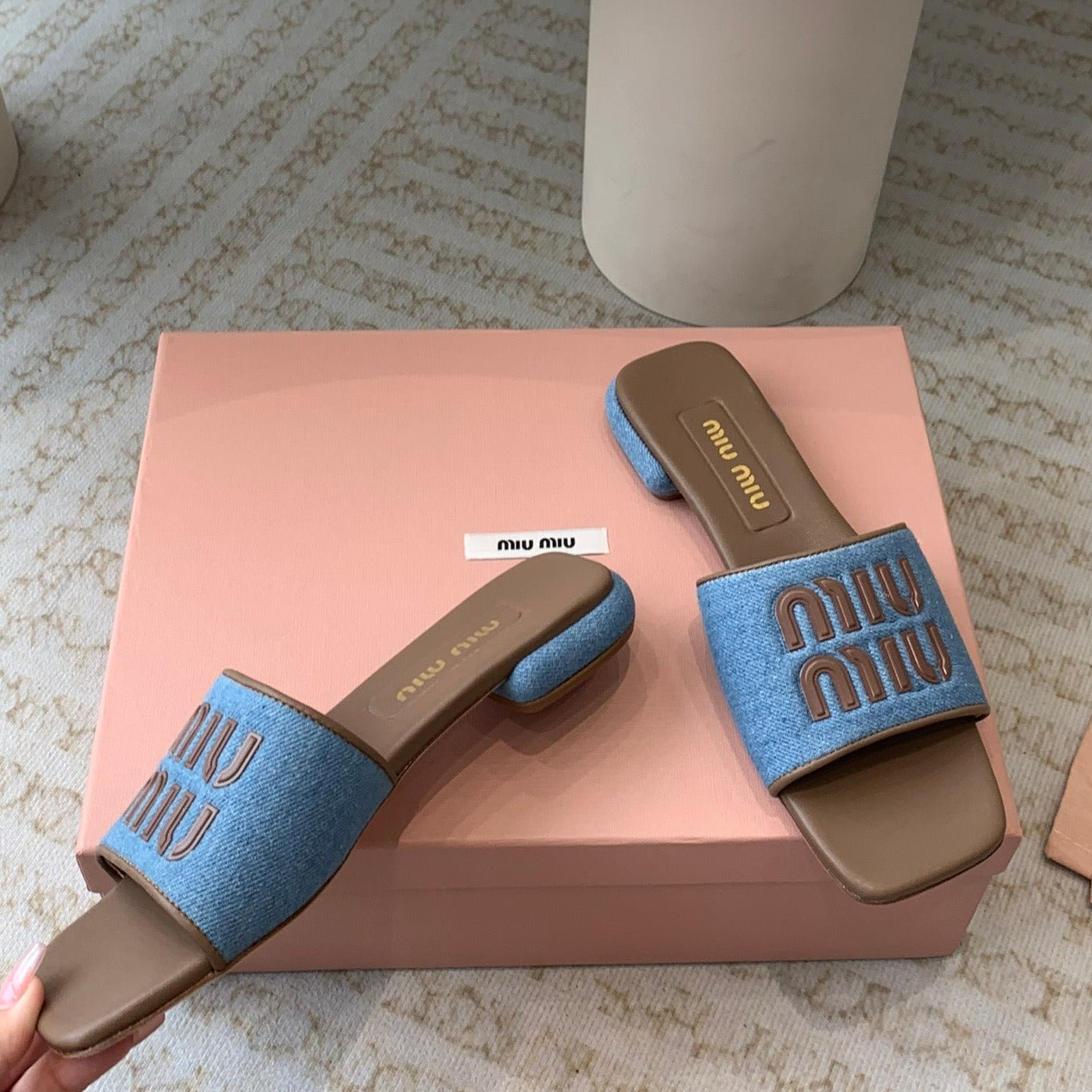 Women's Caramel Denim Slippers With Azure Blue Straps - 35