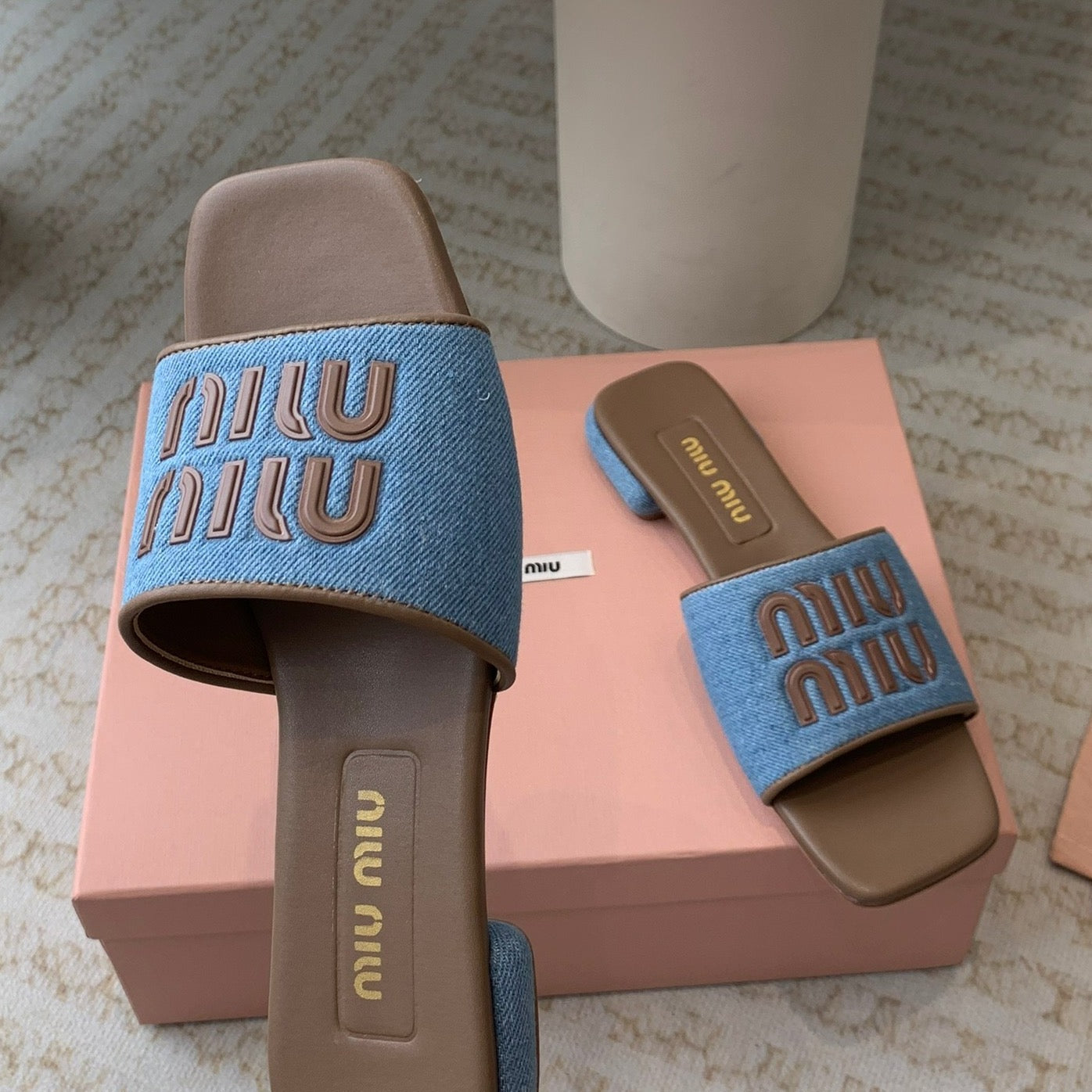 Women's Caramel Denim Slippers With Azure Blue Straps - 35