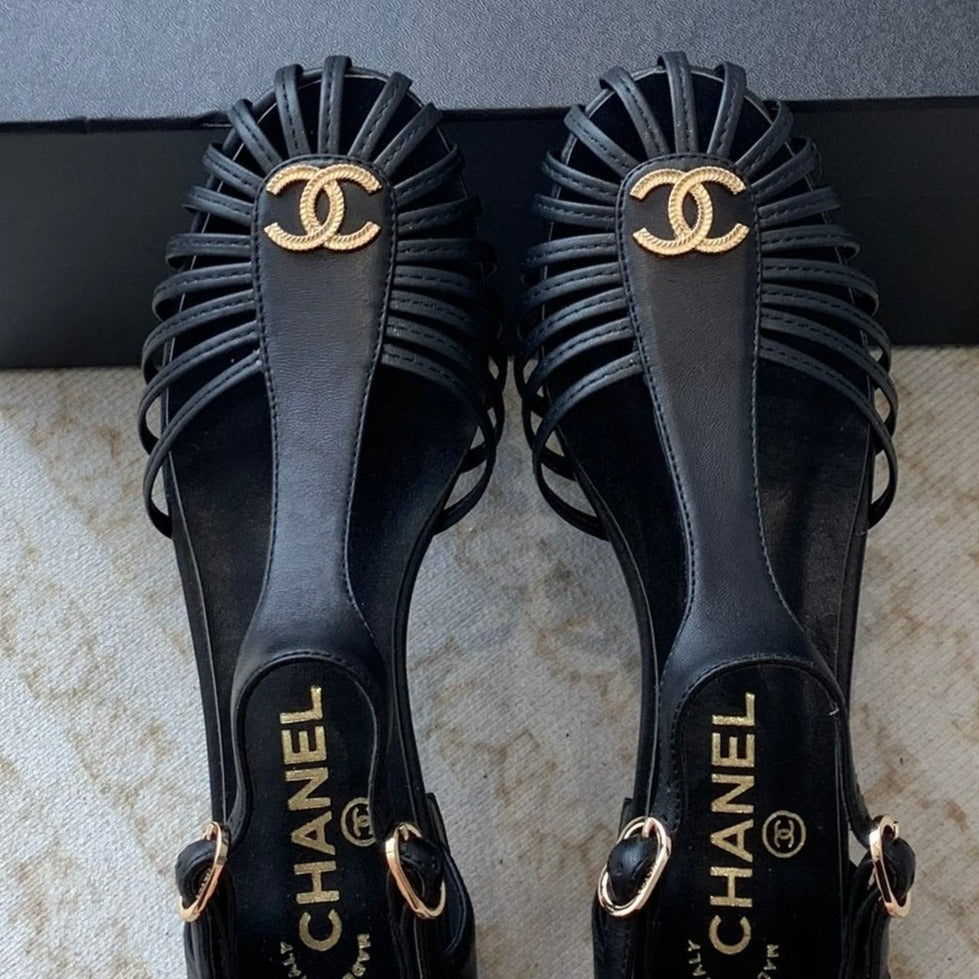 Summer New Hollow Roman Sandals Black Sheepskin - 35