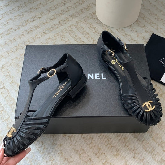 Summer New Hollow Roman Sandals Black Sheepskin - 35