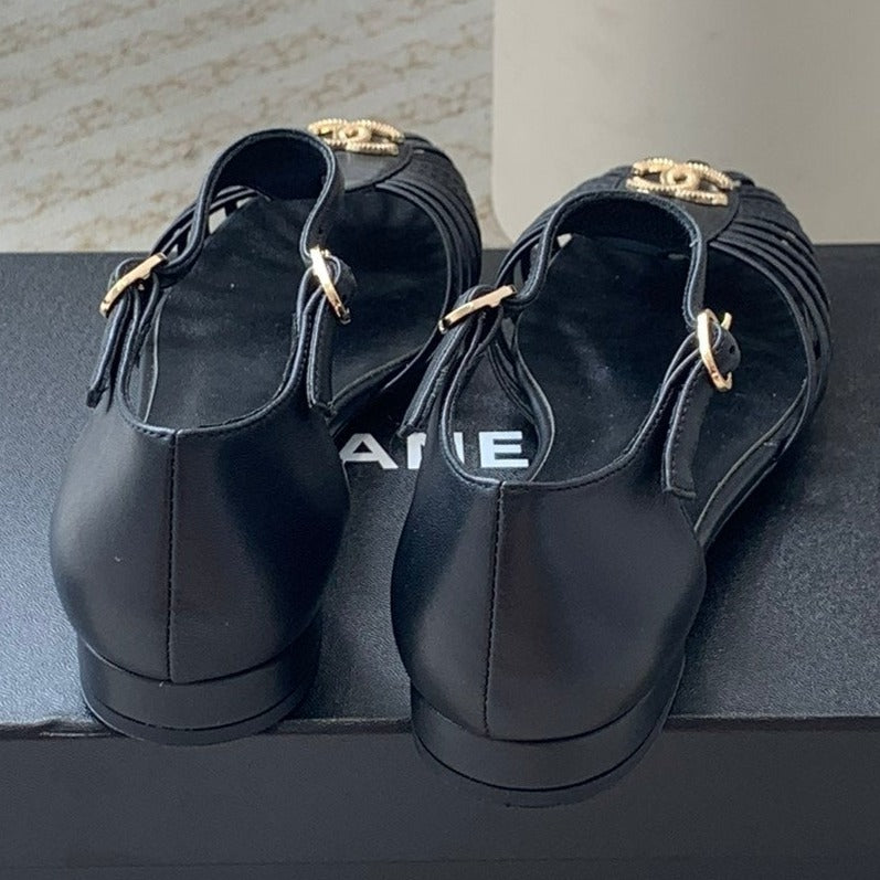 Summer New Hollow Roman Sandals Black Sheepskin - 35