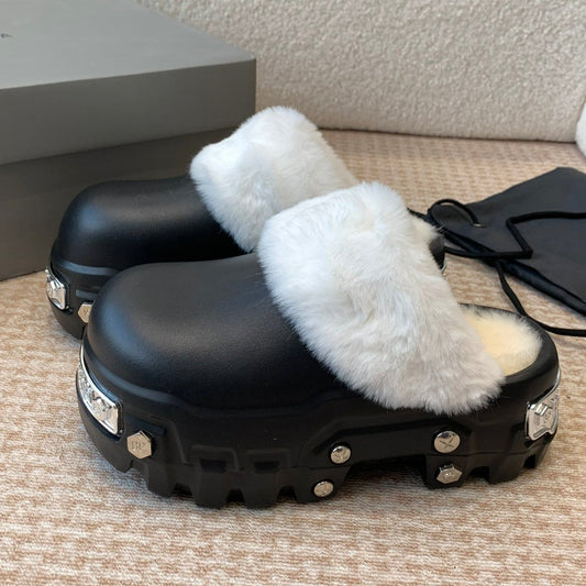 PLATFORM MULES IN BLACK RUBBER MIX RABBIT FUR SILVER HARDWARE - 35