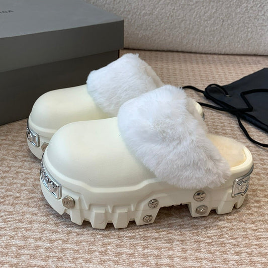 PLATFORM MULES IN BEIGE RUBBER MIX RABBIT FUR SILVER HARDWARE - 35