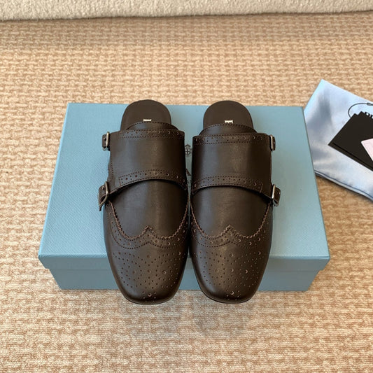 DOUBLE MONK MULES IN WALNUT BROWN CALFSKIN - 35