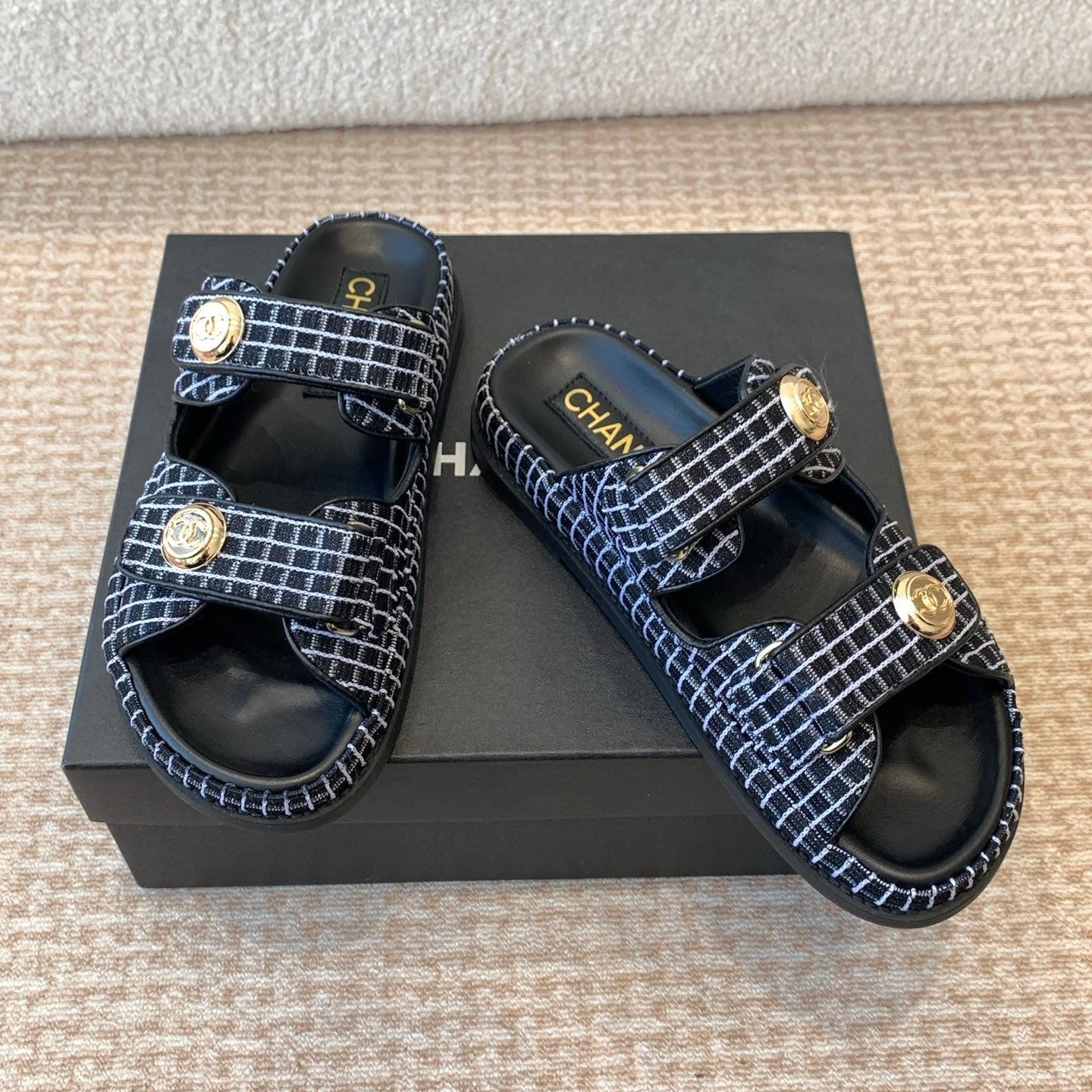 DAD SANDAL IN BLACK MIX WHITE DENIM FABRIC MULE - 35