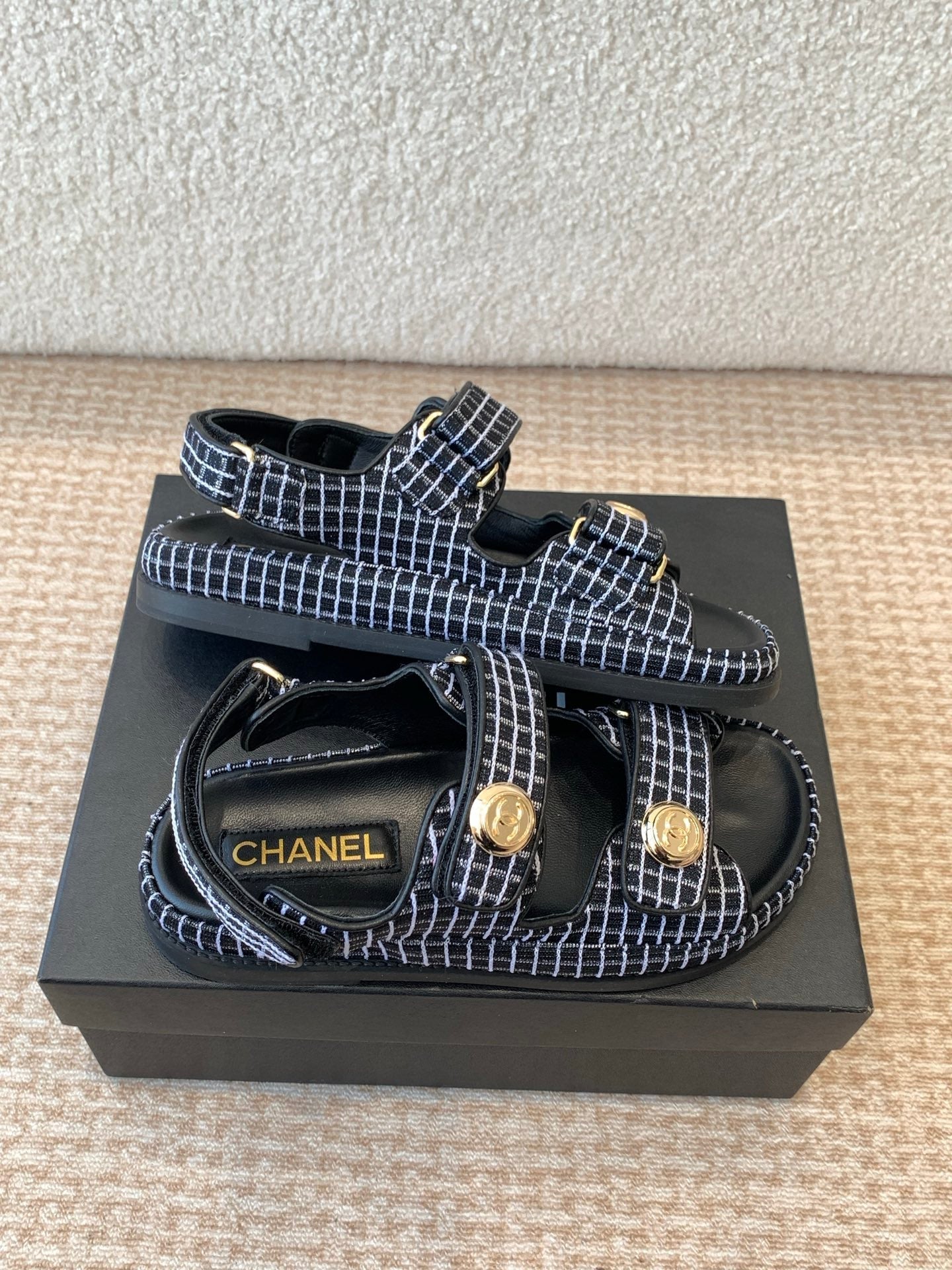 DAD SANDAL IN BLACK MIX WHITE DENIM FABRIC - 35