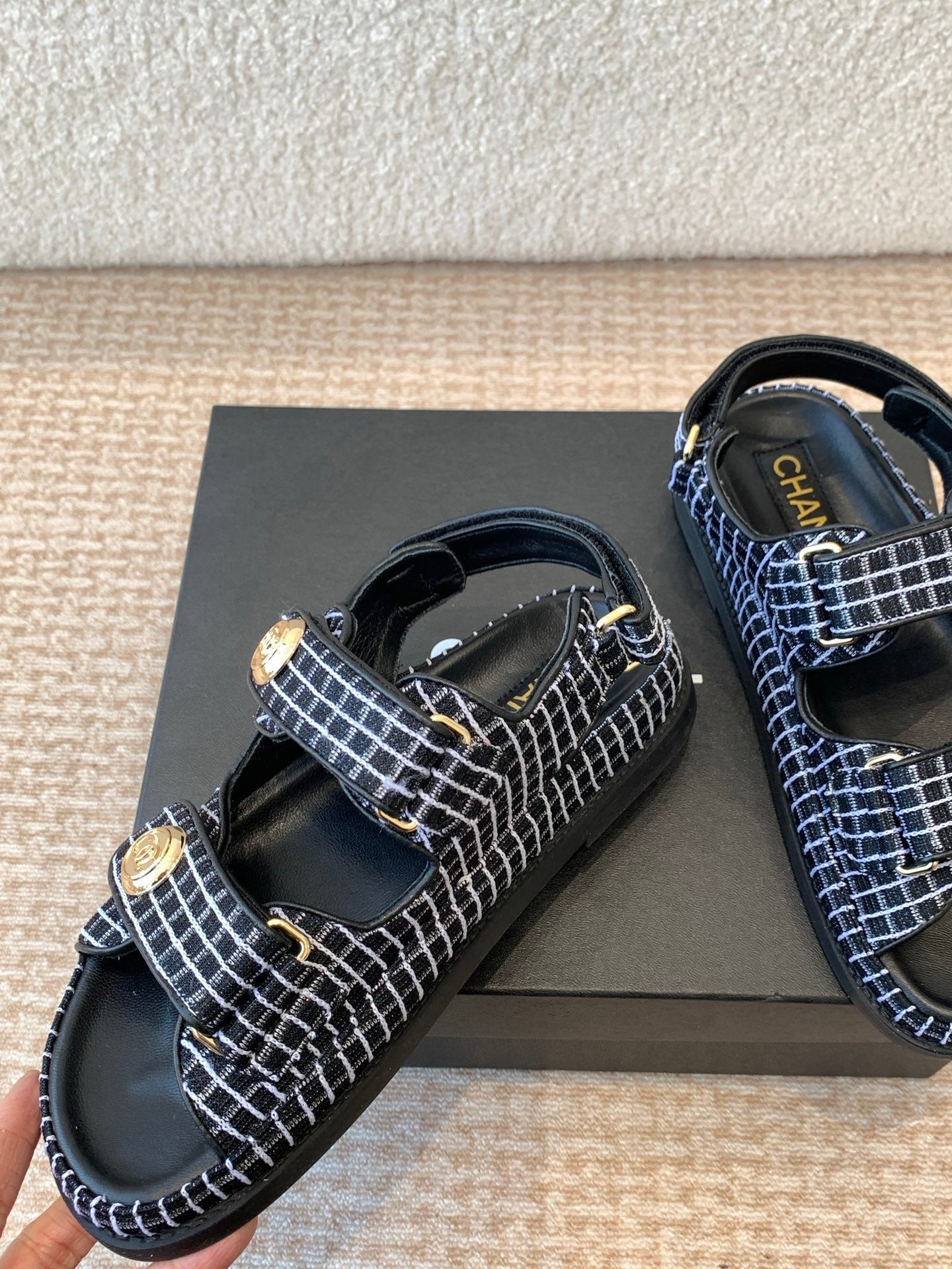 DAD SANDAL IN BLACK MIX WHITE DENIM FABRIC - 35