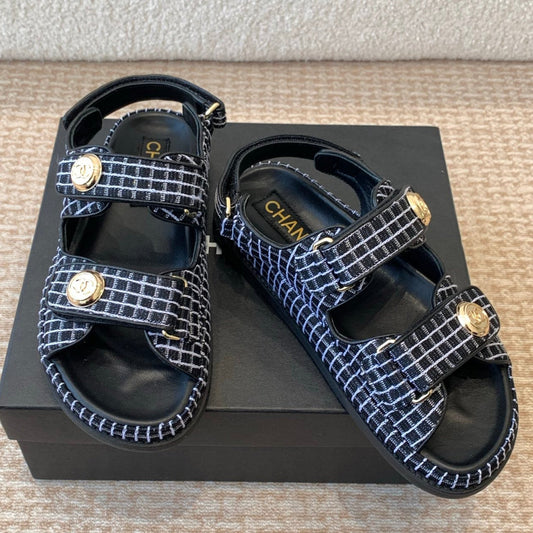 DAD SANDAL IN BLACK MIX WHITE DENIM FABRIC - 35