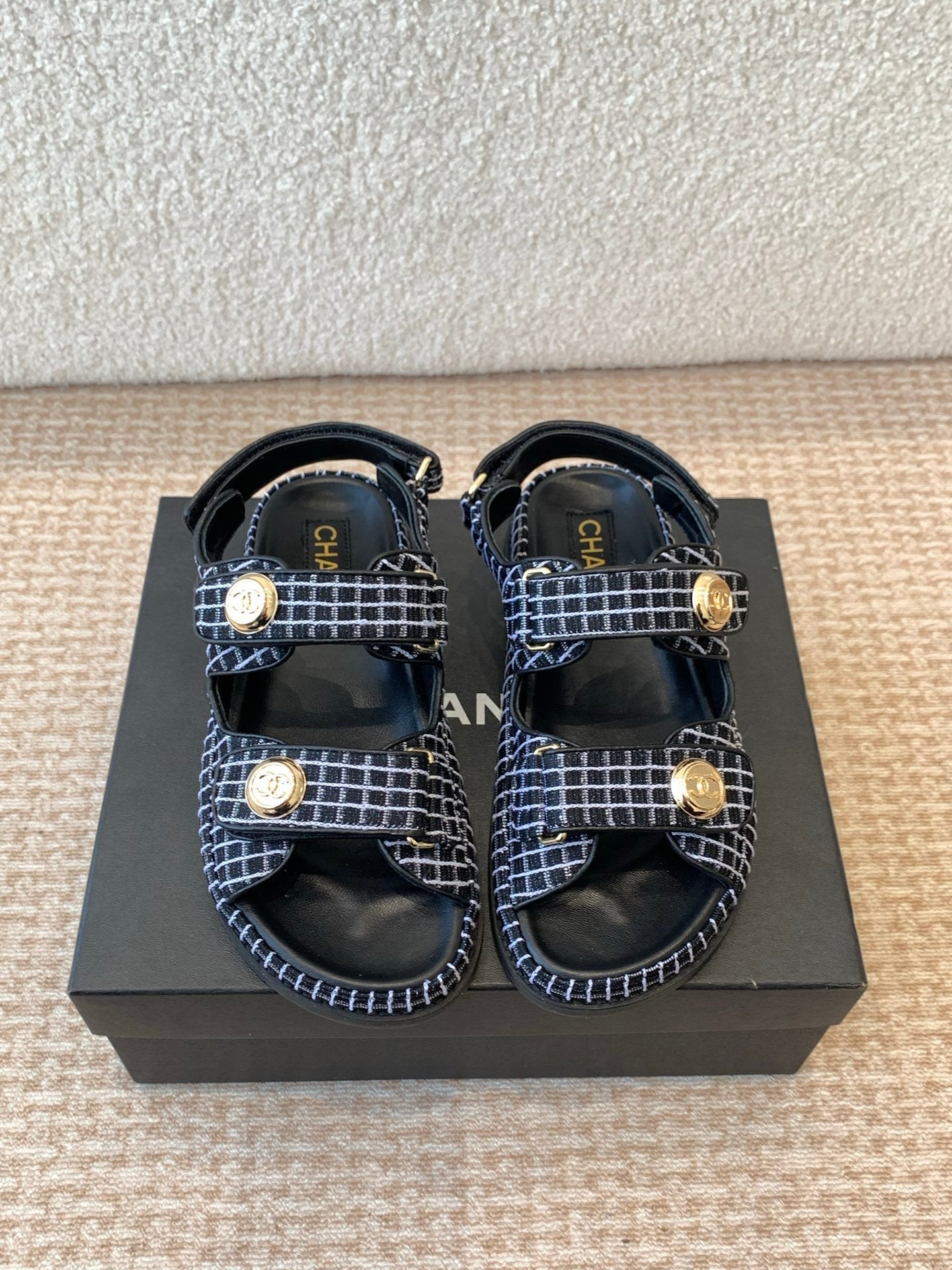DAD SANDAL IN BLACK MIX WHITE DENIM FABRIC - 35