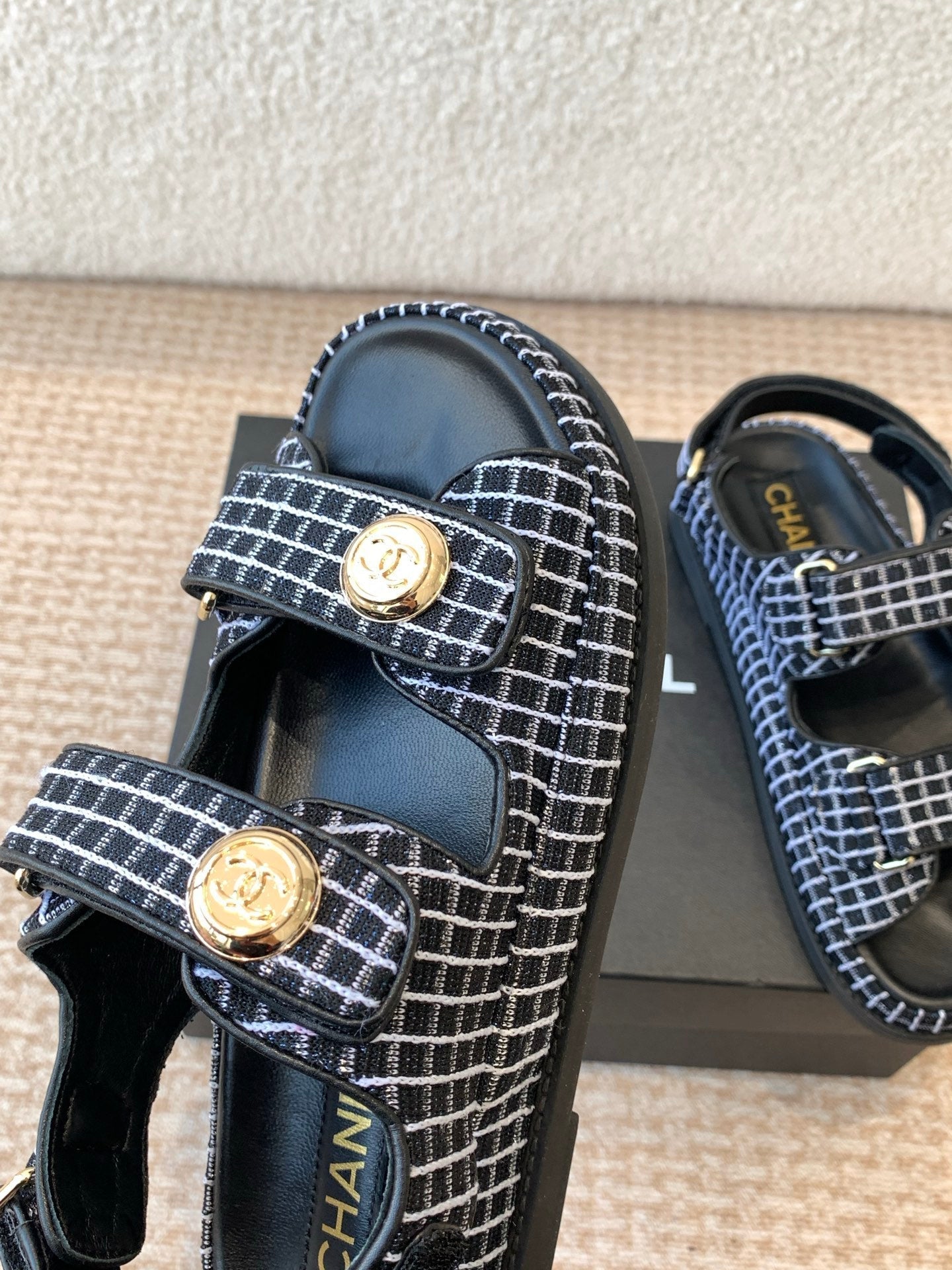 DAD SANDAL IN BLACK MIX WHITE DENIM FABRIC - 35