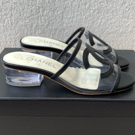 SLIDE SANDALS IN BLACK LAMBSKIN WITH TRANSPARENT PVC - 35
