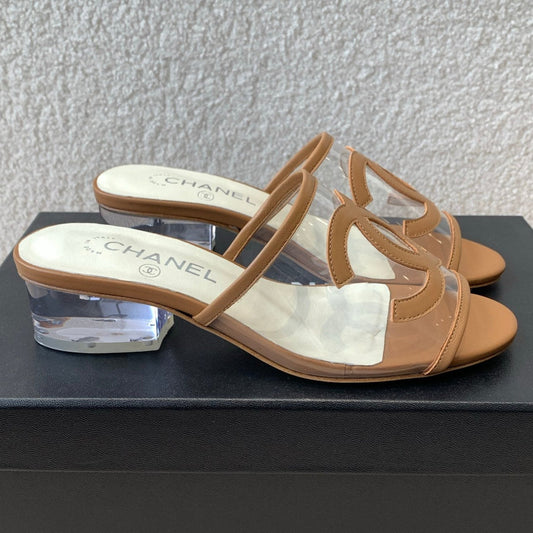 SLIDE SANDALS IN CINNAMON BROWN LAMBSKIN WITH TRANSPARENT PVC - 35