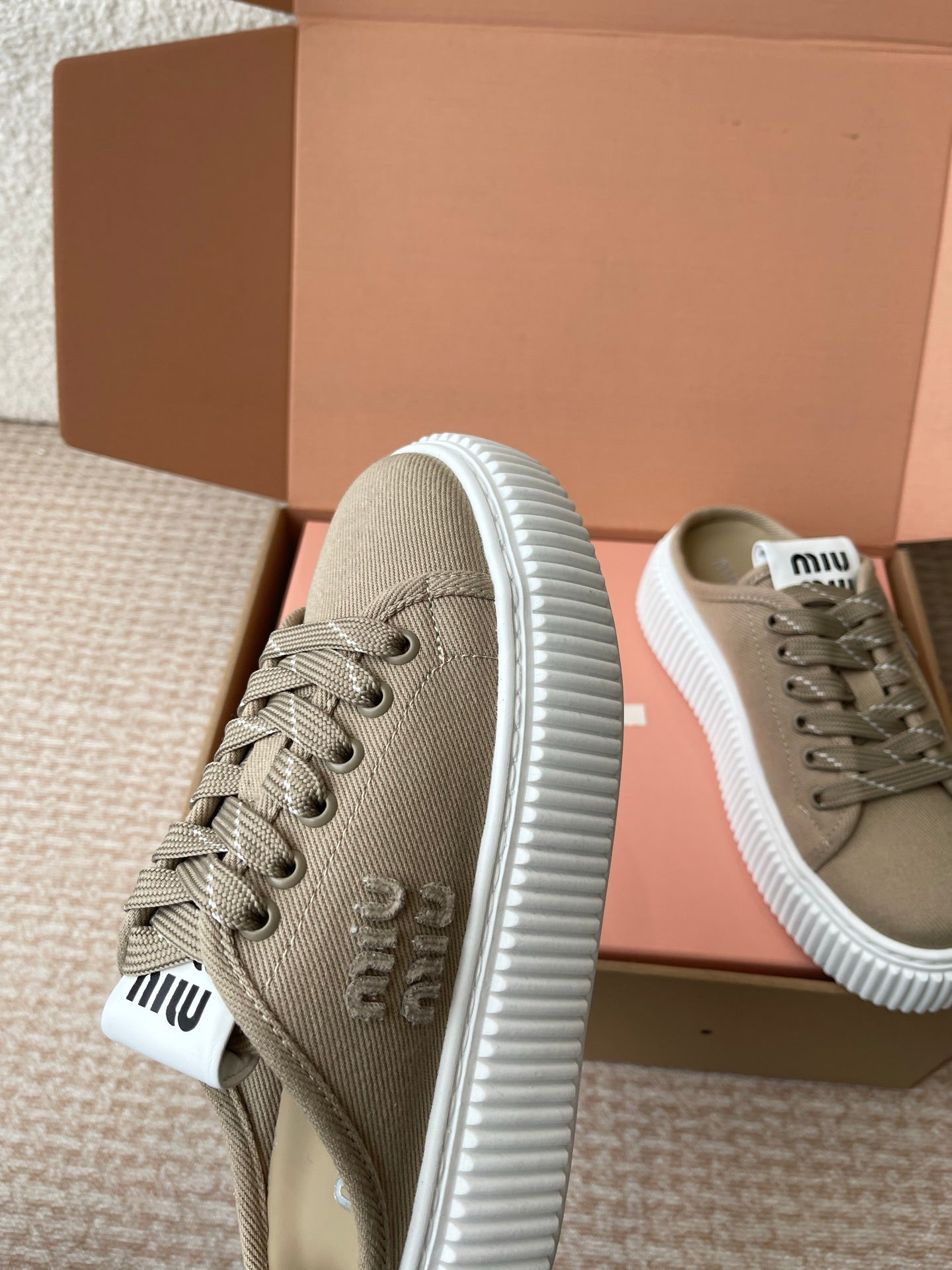 WASH SNEAKER MULES IN DARK BEIGE DENIM STRIPED LACES - 35