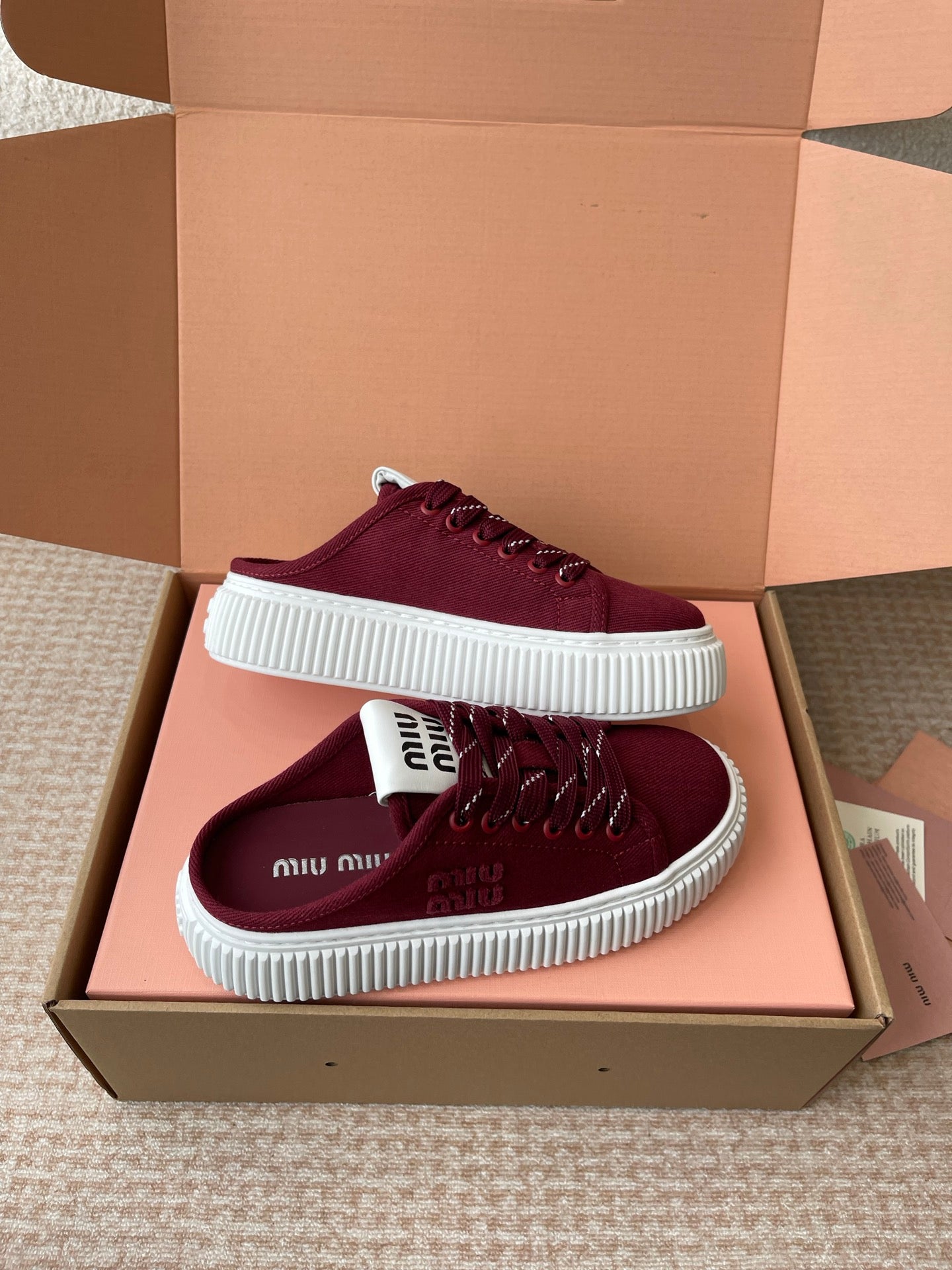WASH SNEAKER MULES IN BURGUNDY RED DENIM STRIPED LACES - 35