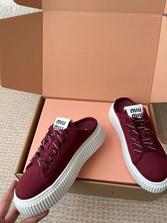 WASH SNEAKER MULES IN BURGUNDY RED DENIM STRIPED LACES - 35
