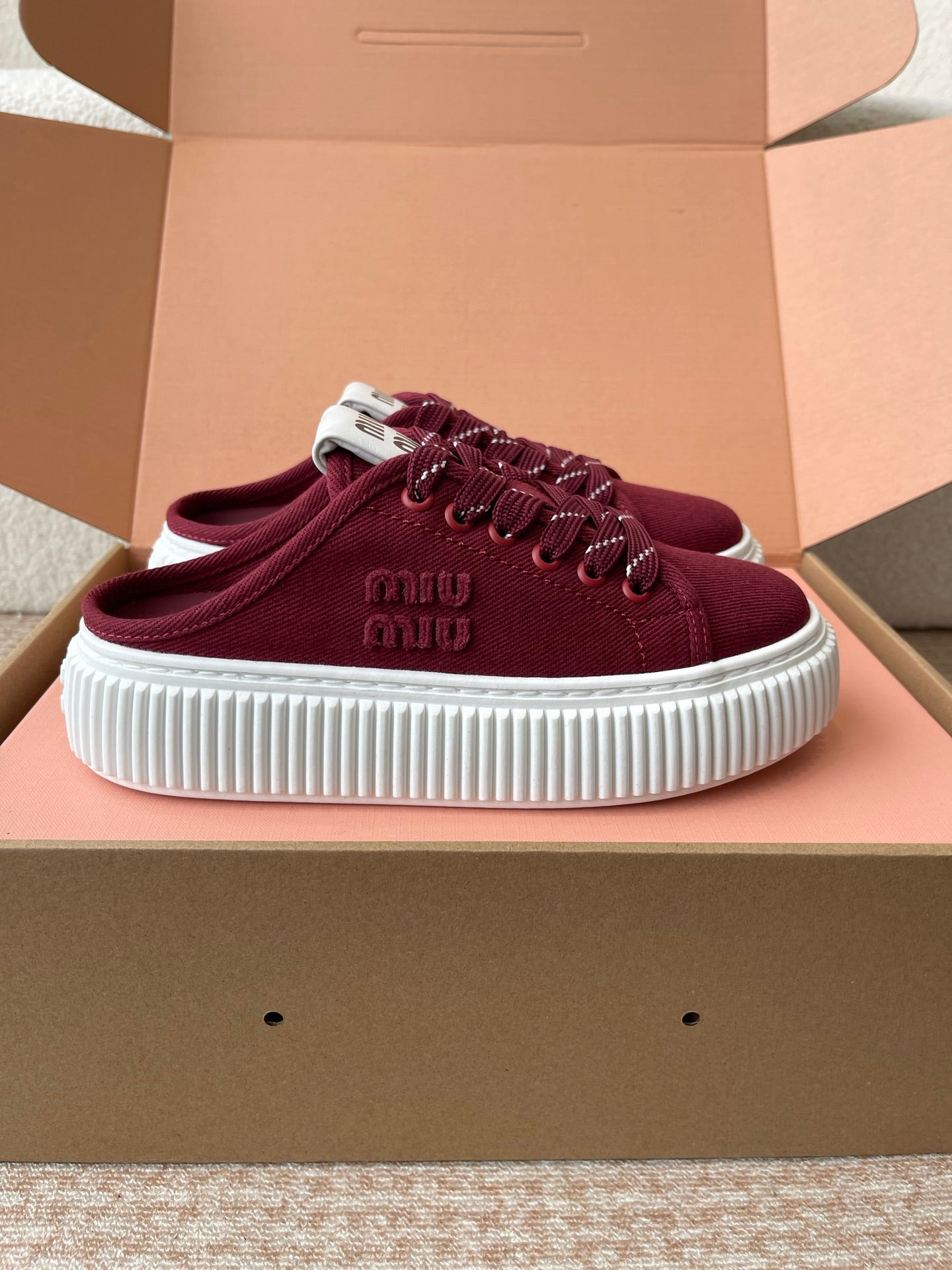 WASH SNEAKER MULES IN BURGUNDY RED DENIM STRIPED LACES - 35