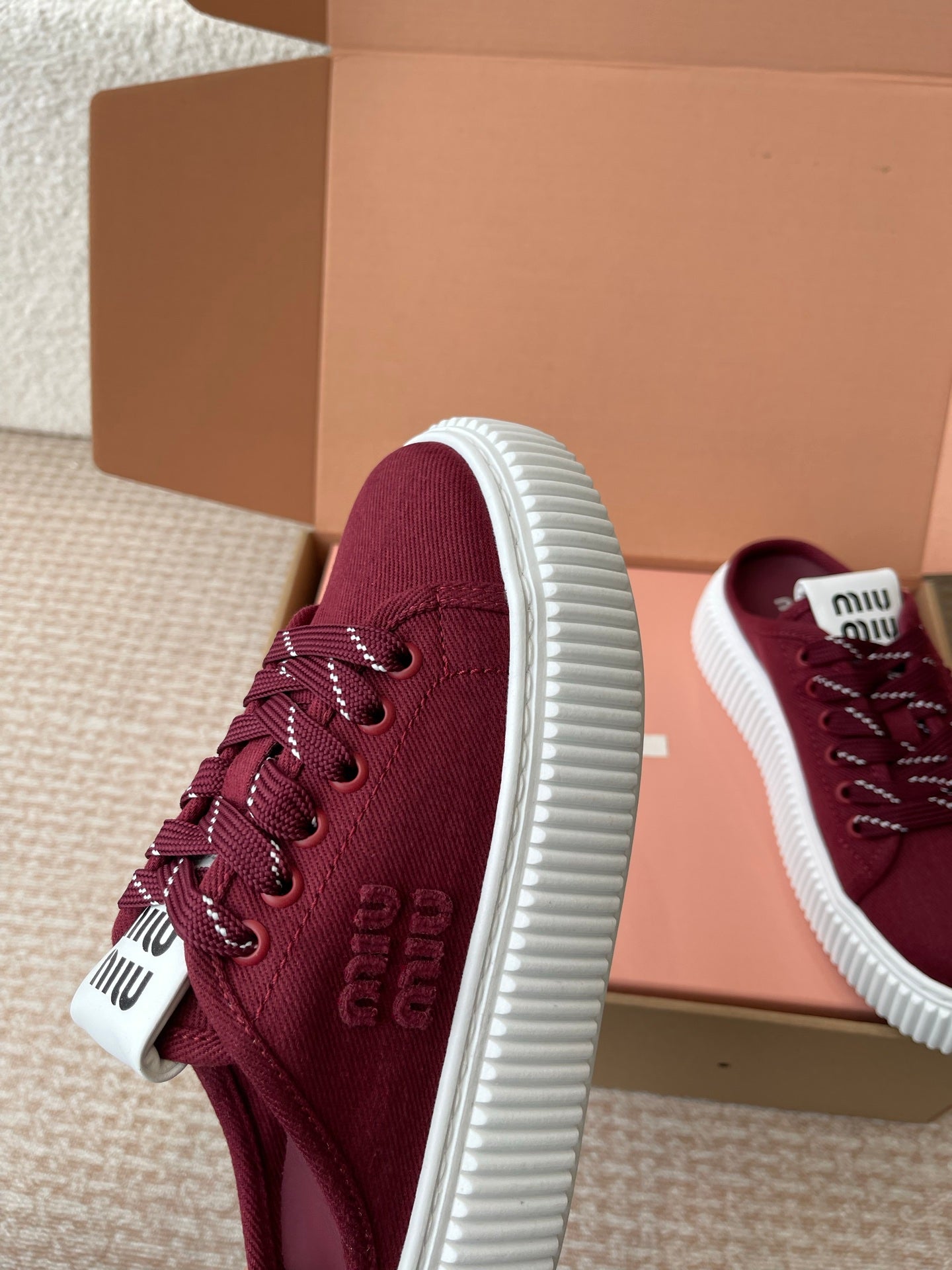 WASH SNEAKER MULES IN BURGUNDY RED DENIM STRIPED LACES - 35