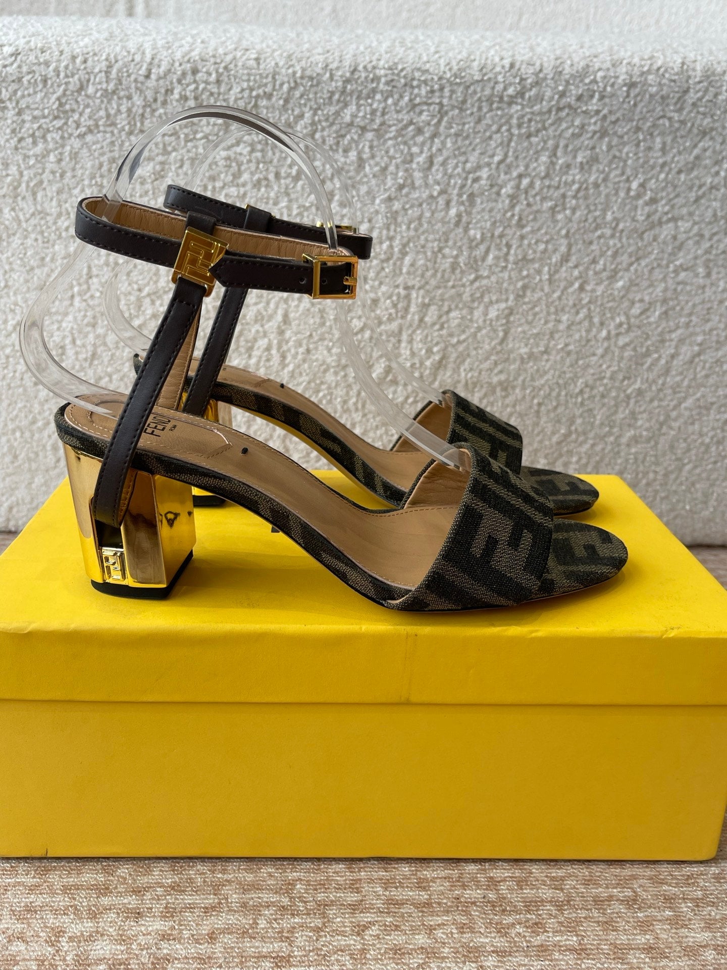 FF FIRST HIGH-HEEL 70MM IN KHAKI FABRIC AND CALFSKIN - 35