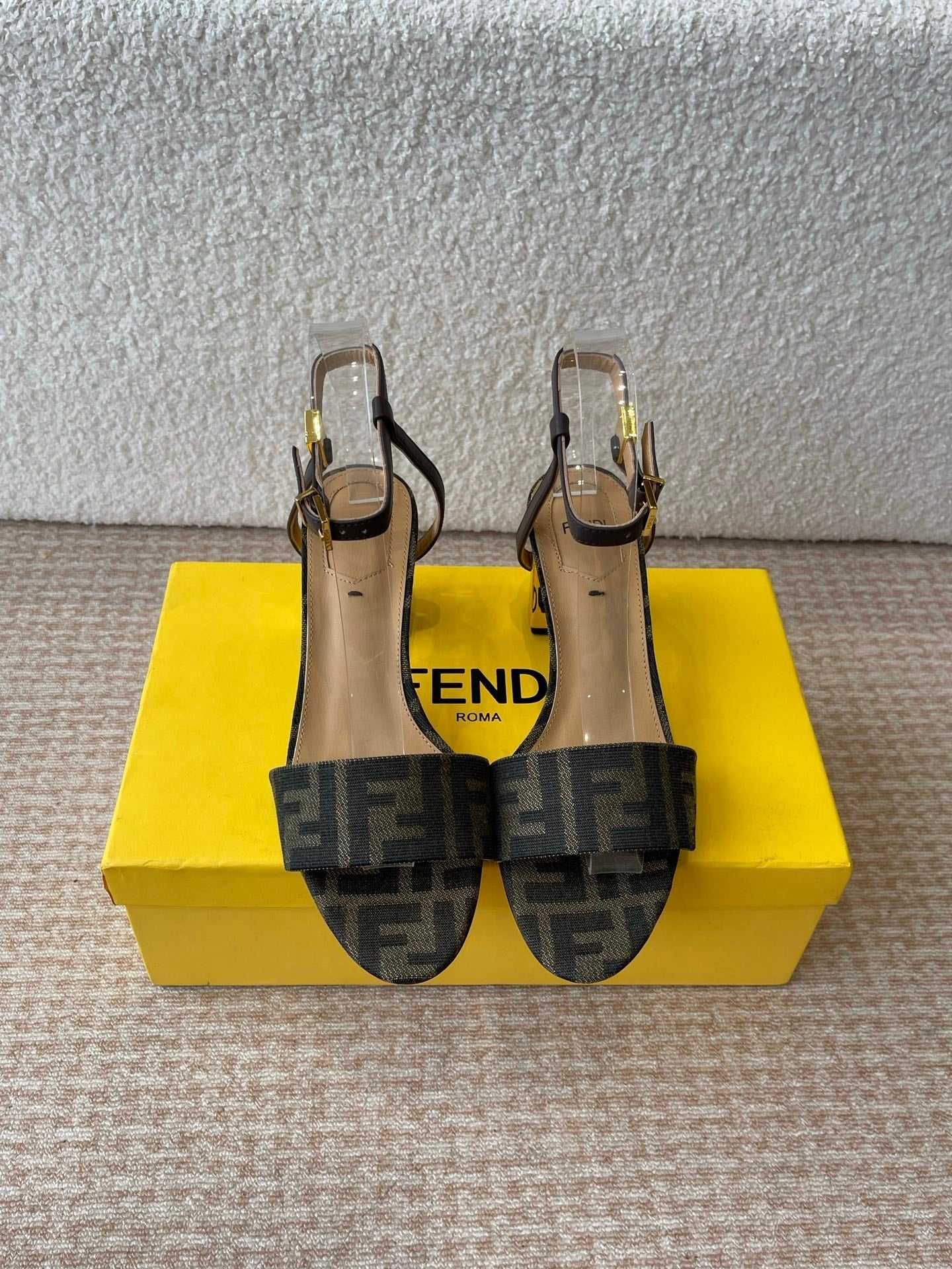 FF FIRST HIGH-HEEL 70MM IN KHAKI FABRIC AND CALFSKIN - 35