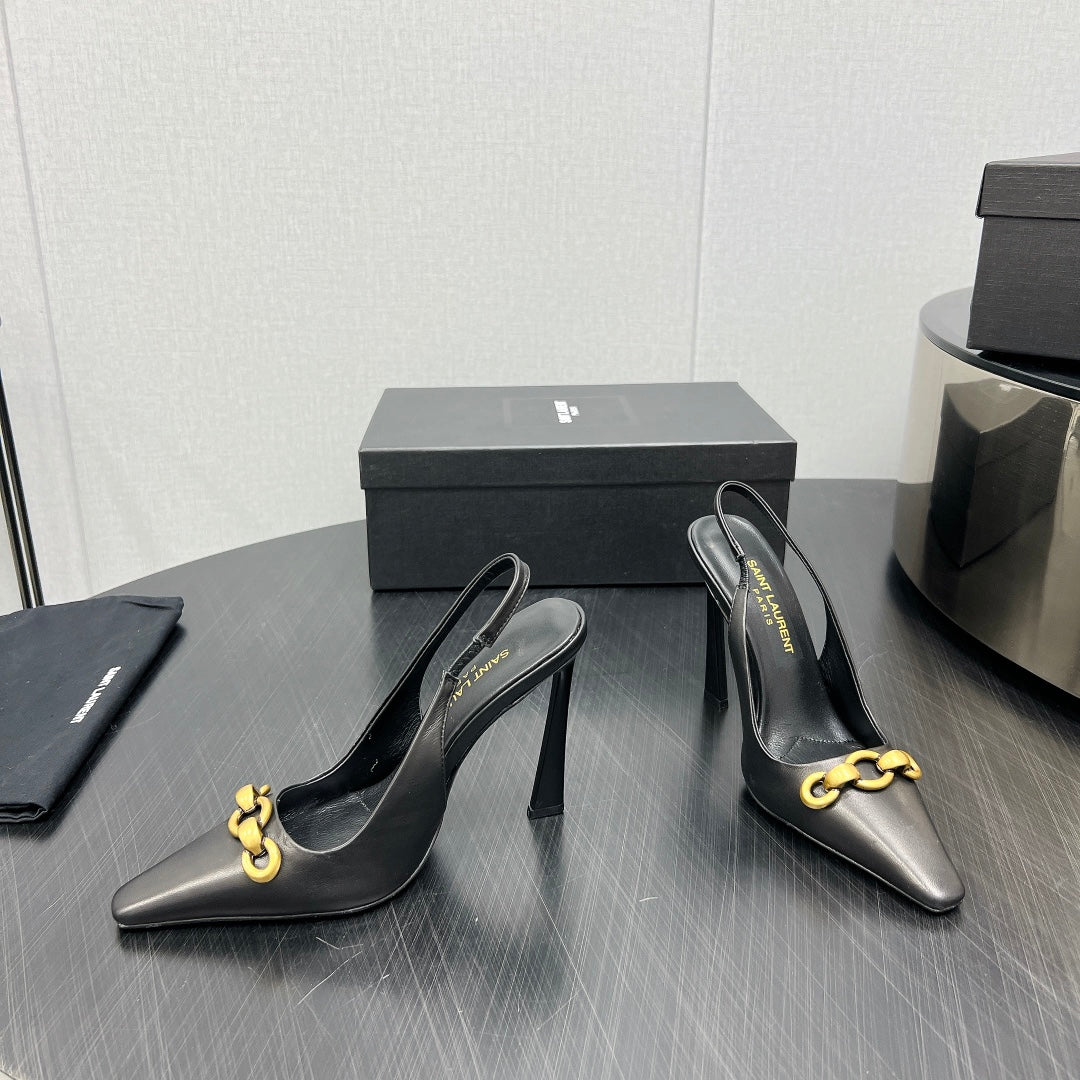 GOLD CHAIN ATTACHED HIGH SLINGBACK IN BLACK SMOOTH LAMBSKIN - 34
