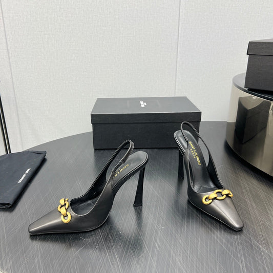 GOLD CHAIN ATTACHED HIGH SLINGBACK IN BLACK SMOOTH LAMBSKIN - 34