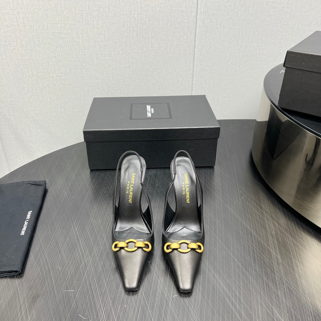 GOLD CHAIN ATTACHED HIGH SLINGBACK IN BLACK SMOOTH LAMBSKIN - 34