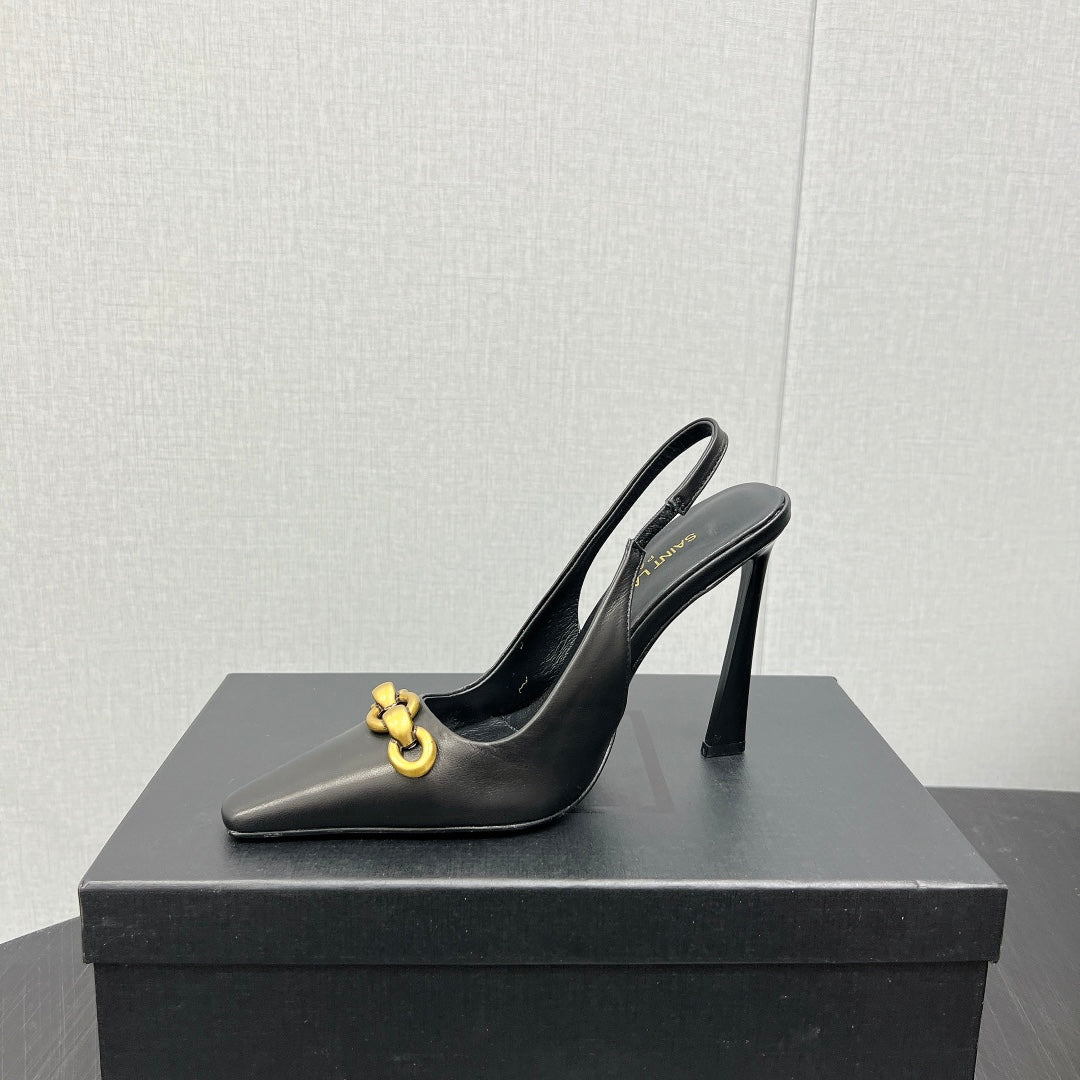 GOLD CHAIN ATTACHED HIGH SLINGBACK IN BLACK SMOOTH LAMBSKIN - 34