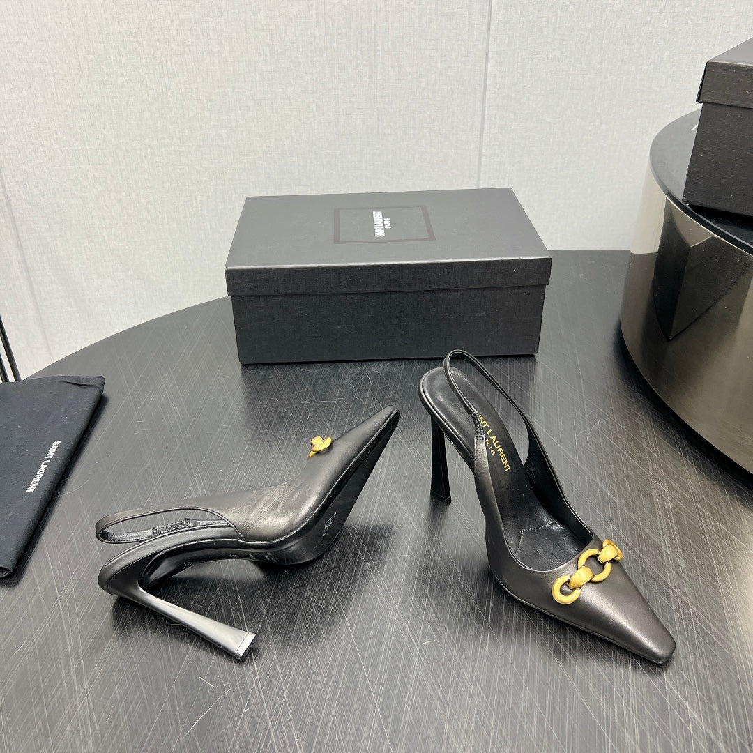 GOLD CHAIN ATTACHED HIGH SLINGBACK IN BLACK SMOOTH LAMBSKIN - 34