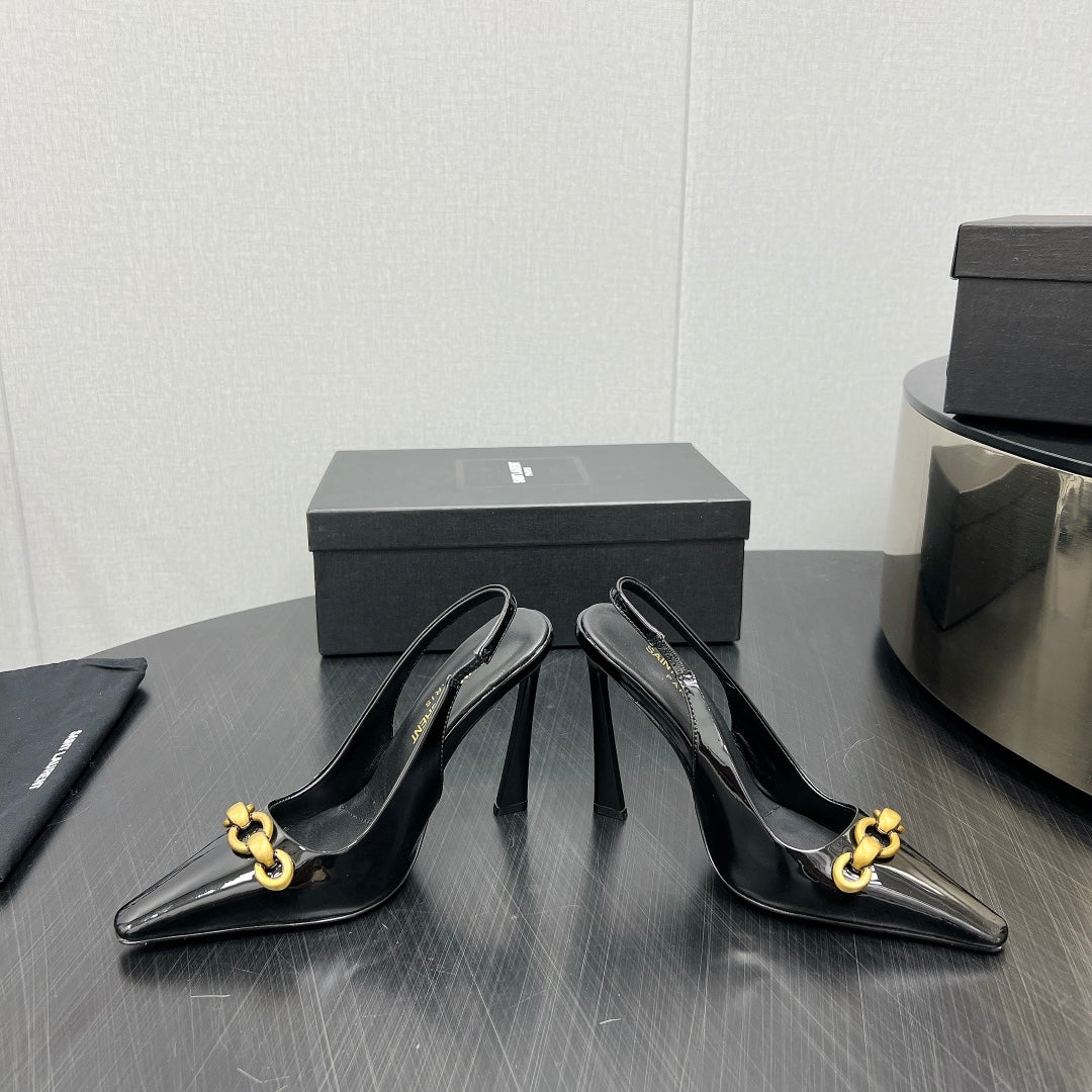 GOLD CHAIN ATTACHED HIGH SLINGBACK IN BLACK GLOSSY CALFSKIN - 34