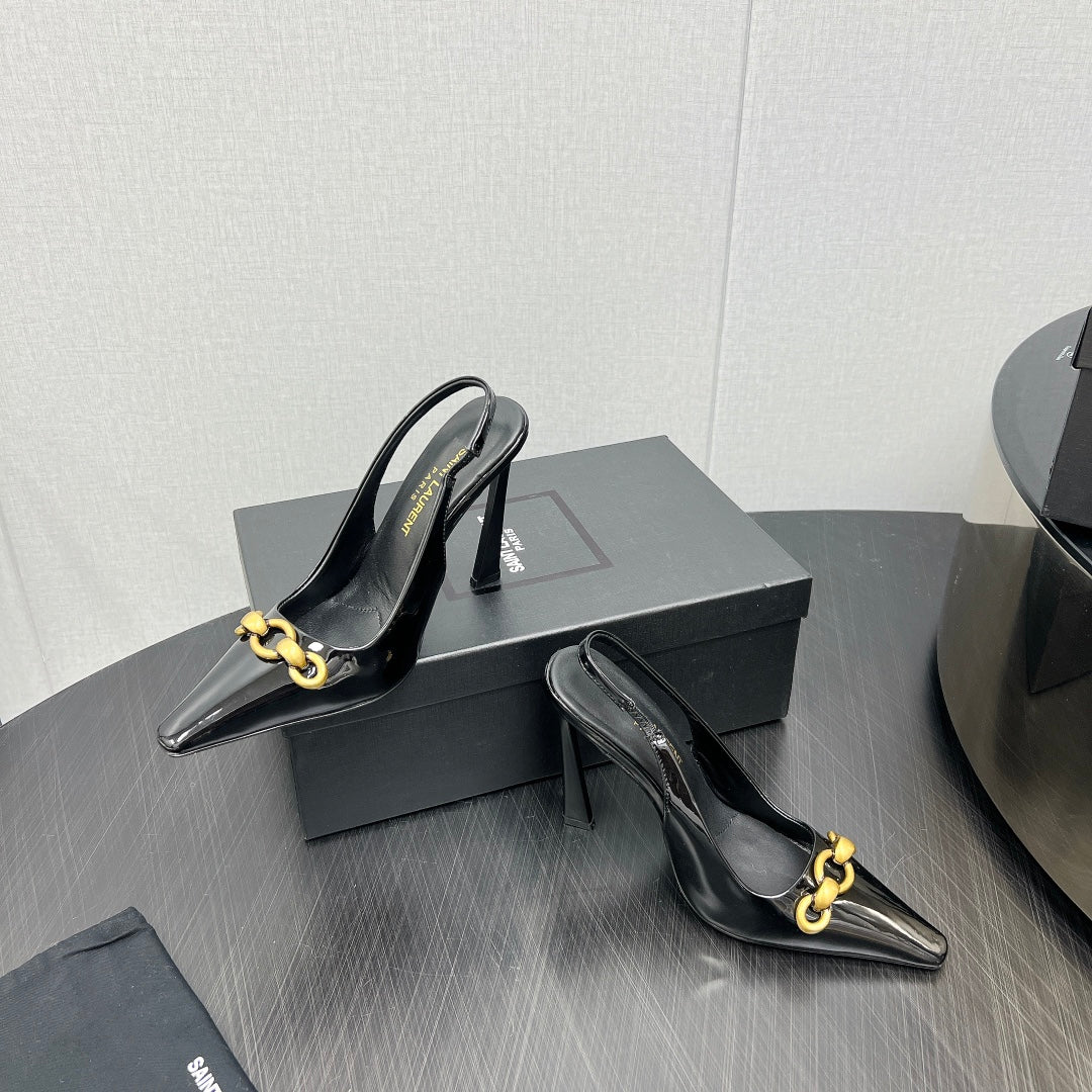 GOLD CHAIN ATTACHED HIGH SLINGBACK IN BLACK GLOSSY CALFSKIN - 34